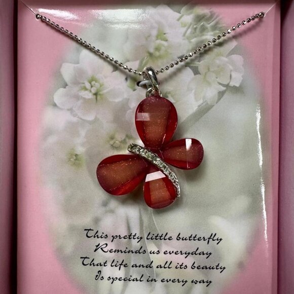 NIB Y2K Butterfly Rhinestone Necklace – Pink Pendant on Silver Chain - Picture 3 of 6